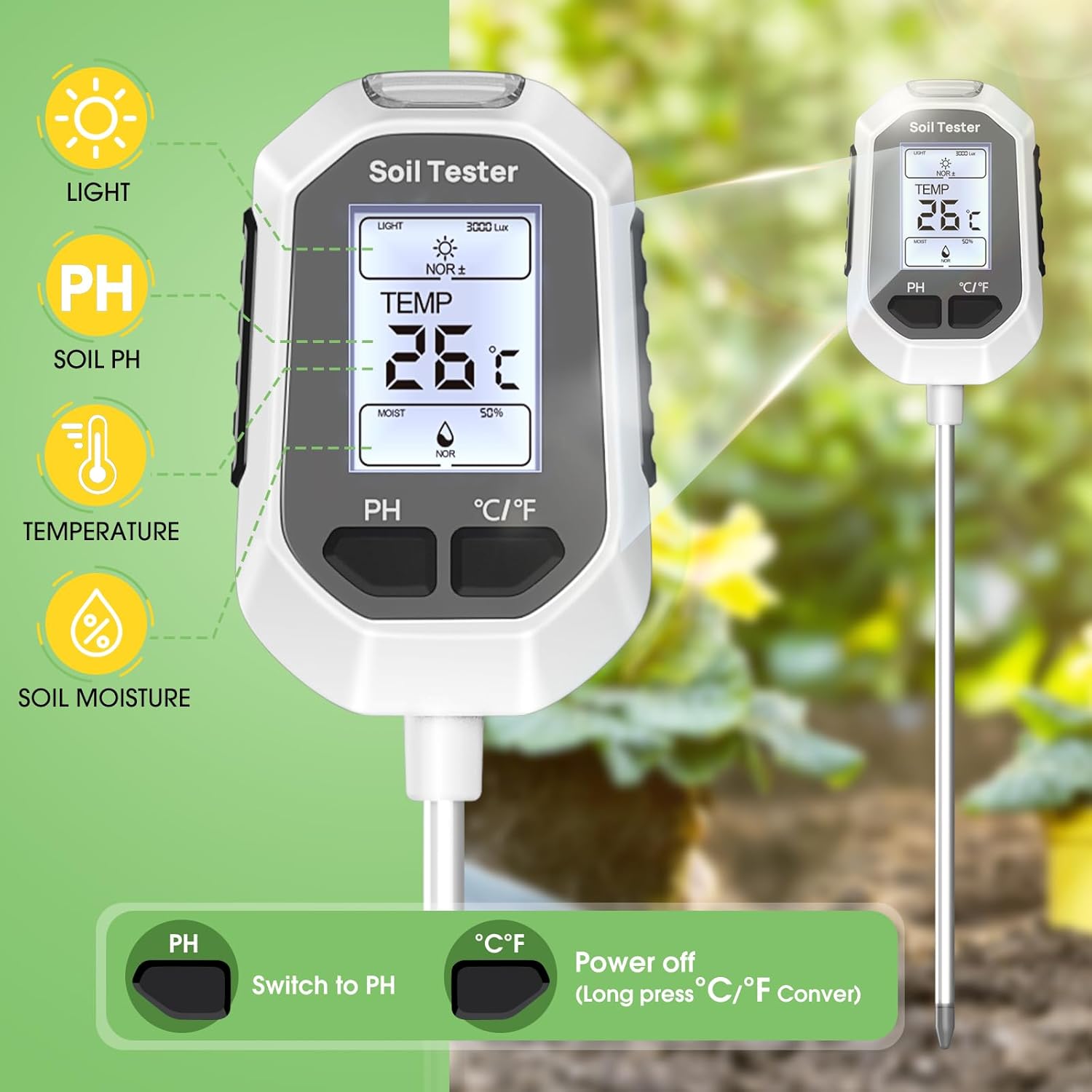 4-in-1 Soil Moisture Meter, Digital Plant Temperature/Soil Moisture Test & PH Meter/Sunlight Intensity, Backlight LCD Display for Gardening, Farming and Outdoor Plants